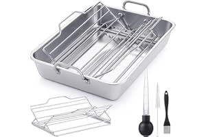 Baderke 5 Pcs Roasting Pan with Rack Set, 10 x 12 Inch Stainless Steel Roasting Pan Set Adjustable V Shaped Turkey Baking Rack for Grilling Dishwasher and Oven Safe