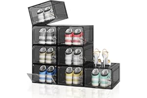 HOYOJA Upgraded Thickened Sturdy Large Shoe Boxes Clear Plastic Stackable 8 Pack Shoe Storage Organizer for Closet/Entryway, Drop front Shoe Box with Magnetic Door, Shoe Display Case, Fit up to US size 14