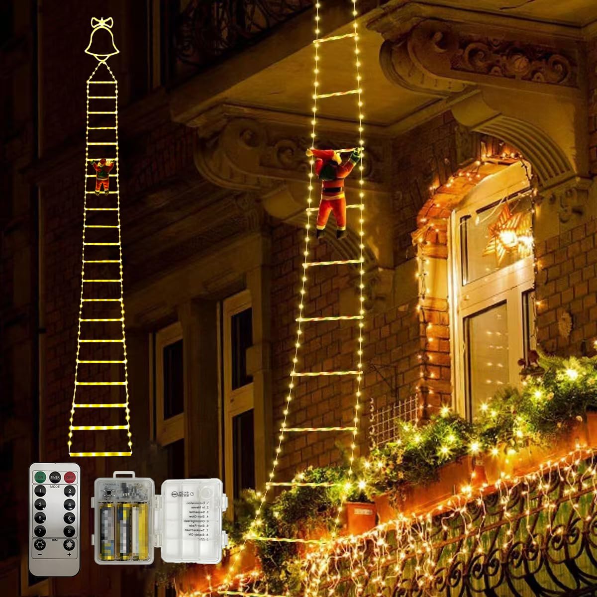 Christmas Santa Claus Ladder Lights Christmas Decoration, 3M/10ft LED Hanging Santa Climbing Ladder Decorative with 8 Light Modes and Remote Control for Indoor Outdoor Garden Xmas Tree Window Decor