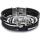 COOLSTEELANDBEYOND Men Women Marine Anchor Sailing Rope Black Braided Leather Bracelet Three-Row Leather Wristband Wrap