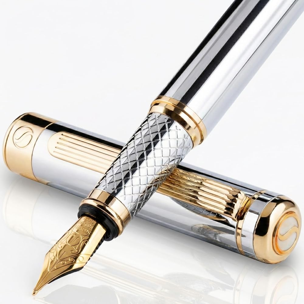 Scriveiner Silver Chrome Fountain Pen with Schmidt Gilded Broad Nib