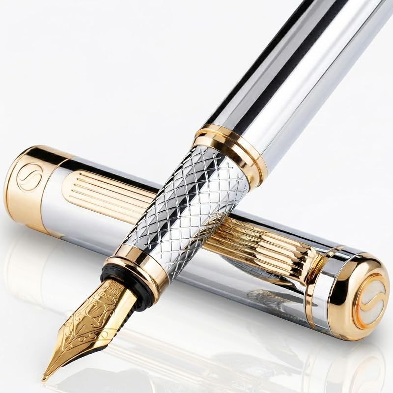 Scriveiner Silver Chrome Fountain Pen with Schmidt Gilded Broad Nib