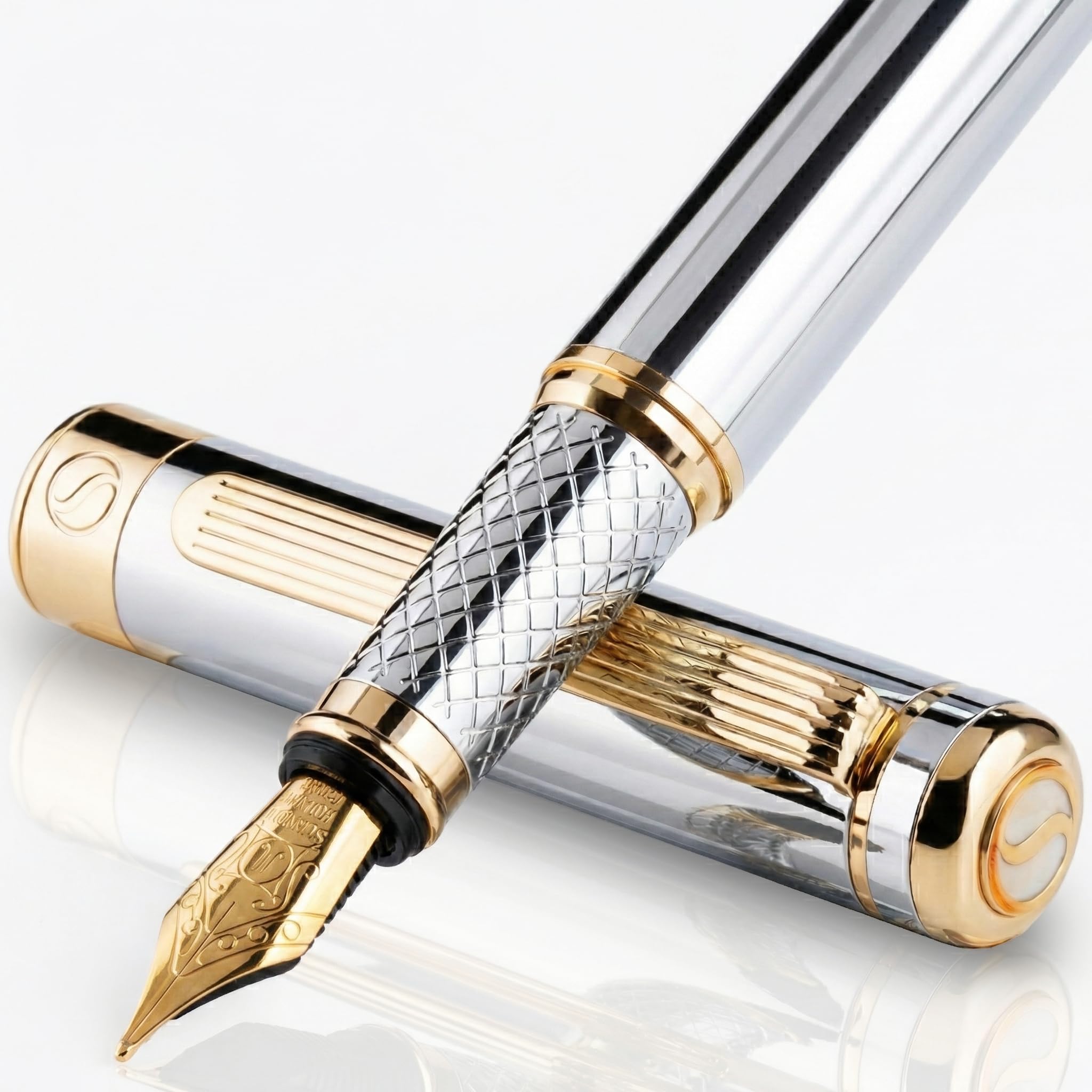 Scriveiner Silver Chrome Fountain Pen - Stunning Luxury Pen, Real Gold Plating, Schmidt Gilded Nib (Broad), Best Pen Gift Set for Men & Women, Professional, Executive Office, Nice Designer Pens