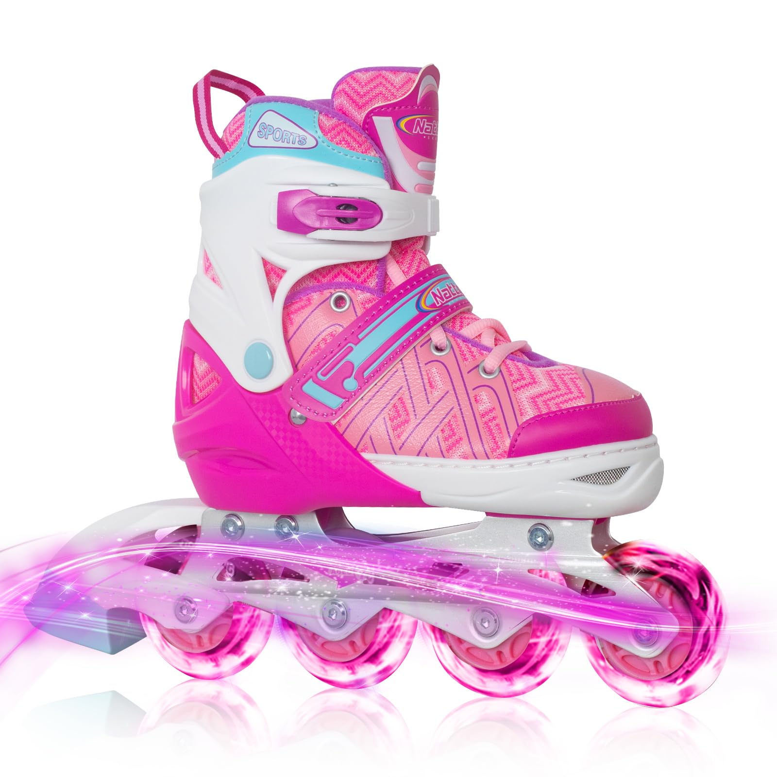 Nattork Adjustable Inline Skates for Youth Big Girls - with Light up Wheels - Pink Blade Roller Skating for Beginners Size 5 6 7 8 Ages 11 12 13 Image