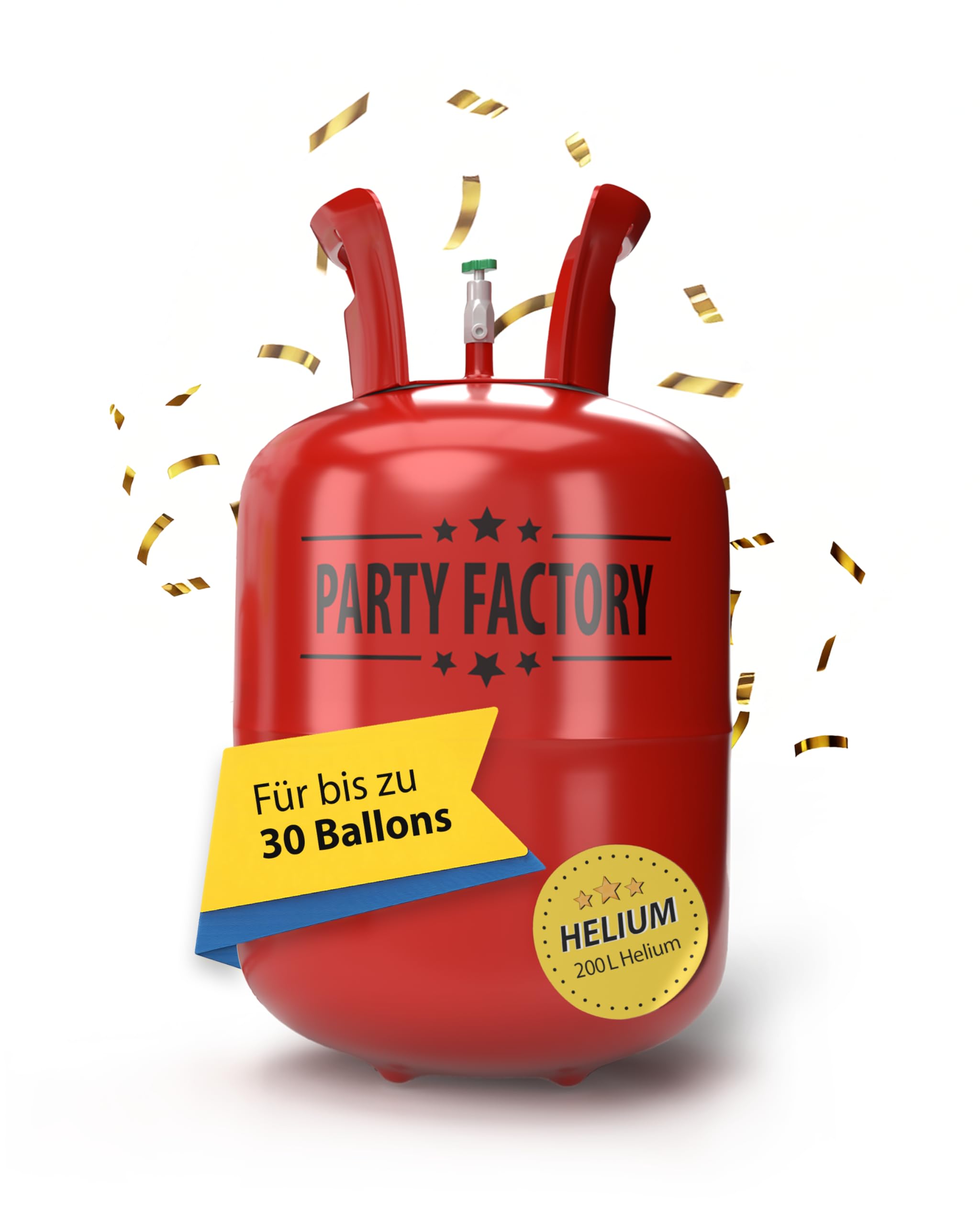 Party Factory – Helium Gasflasche 1x 200L für ca. 30 Luftballons – Partydeko Ballongas Flasche für Latex- & Folienballons – Einwegflaschen mit Knick-Füllventil – Für Partys, Hochzeiten und Geburtstage