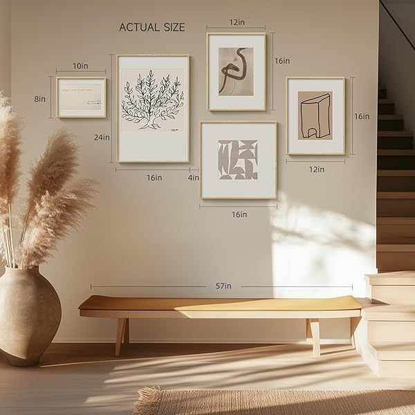 FRAMED MATISSE ABSTRACT NEUTRAL WALL ART, 5 PIECE LARGE BEIGE CANVAS PRINTS SET, MODERN MINIMALIST GEOMETRIC BOTANICAL PAINTINGS FOR LIVING ROOM, BEDROOM, HALLWAY, HOME OFFICE, GUEST ROOM