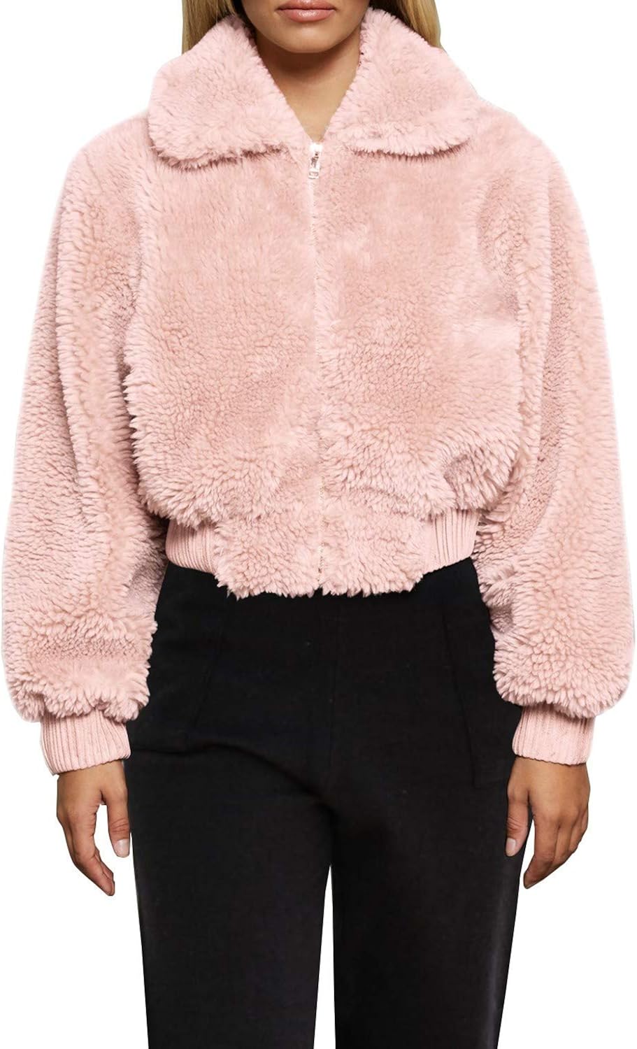 FANCYINN Womens Teddy Cropped Faux Fur Jacket Furry Lapel Coat Zip Up with Pockets Warm Winter at  Women's Coats Shop