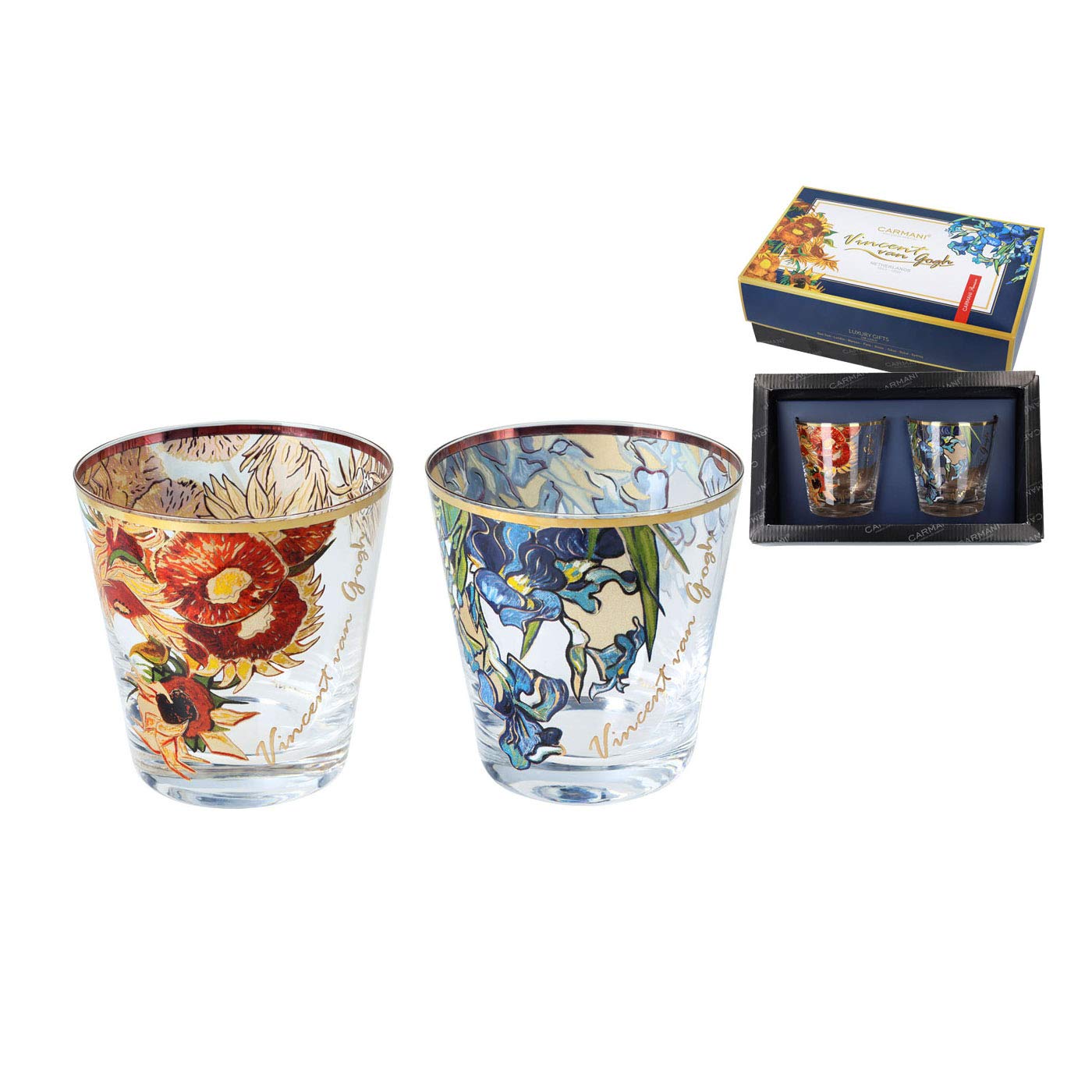 Carmani - Lovely Round Shot Glass Set of 2 Decorated with 'Sunflowers' and Irises' by Vincent Van Gogh