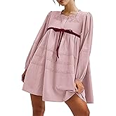 MISSACTIVER Women Long Puff Sleeve Flowy Mini Dress Cute Bow Tie Front Babydoll Dress Trendy Embroidered A-line Tunic Dresses