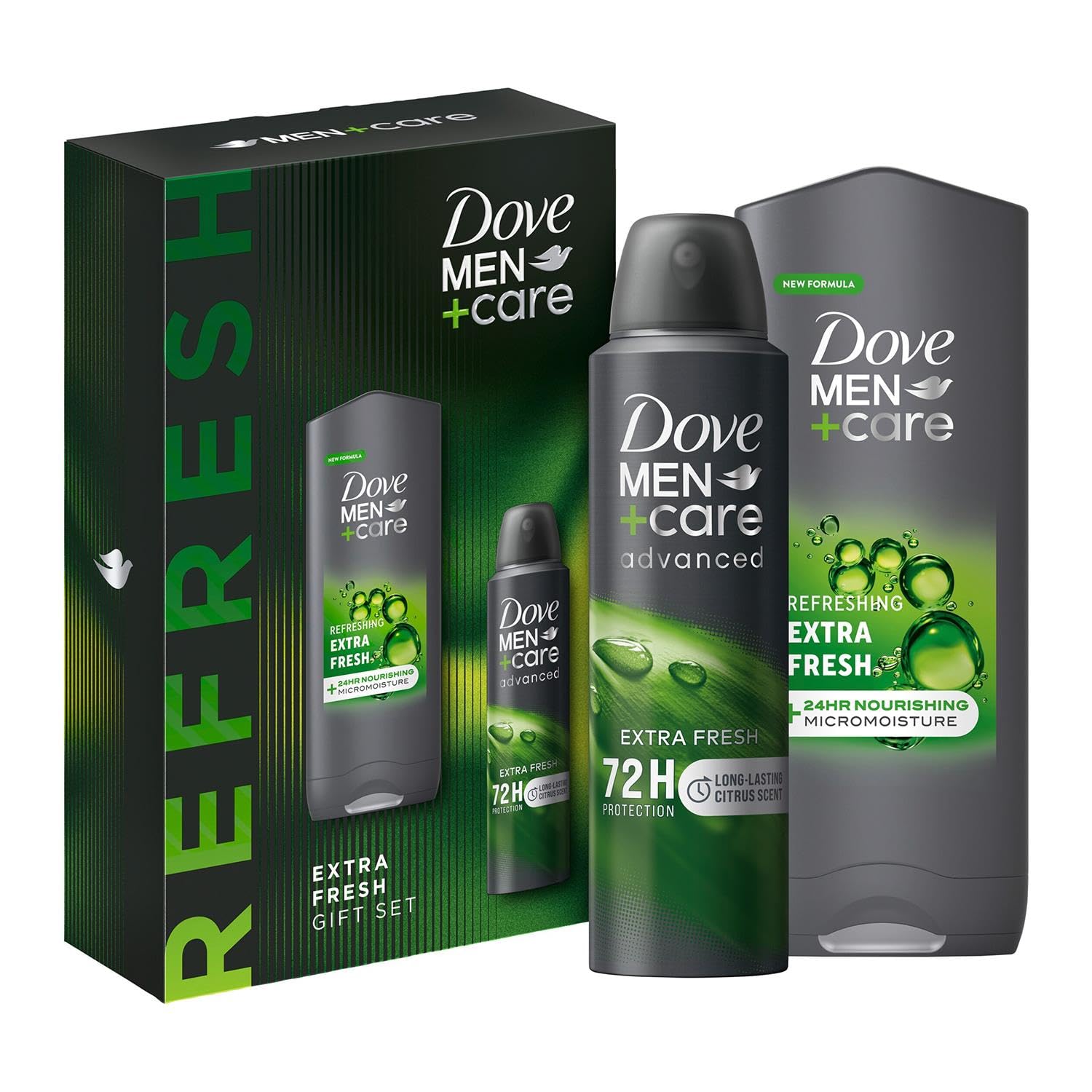 Dove Men+Care Refresh Extra Fresh 3-in-1 Hair, Face & Body Wash and Advanced 72H Protection Antiperspirant 2 Pieces Ready to Give Gift Set for Him