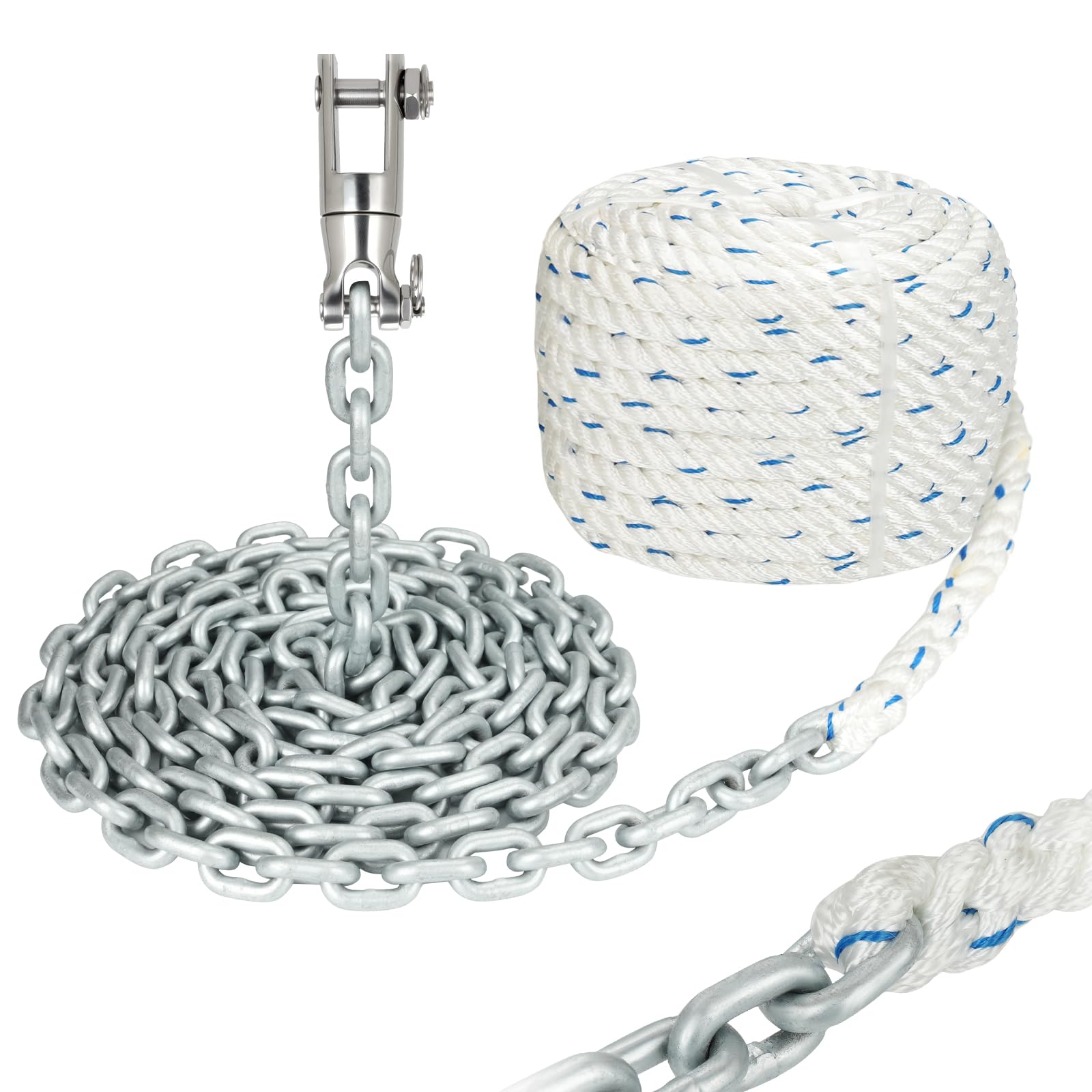 Photo 1 of FUCNEN Windlass Anchor Rode Rope/Chain, 1/2" Anchor Line 3-Strand 200ft with 1/4" G4 Hot-Dipped Galvanized Anchor Chain 15ft and Swivel Connector Kit