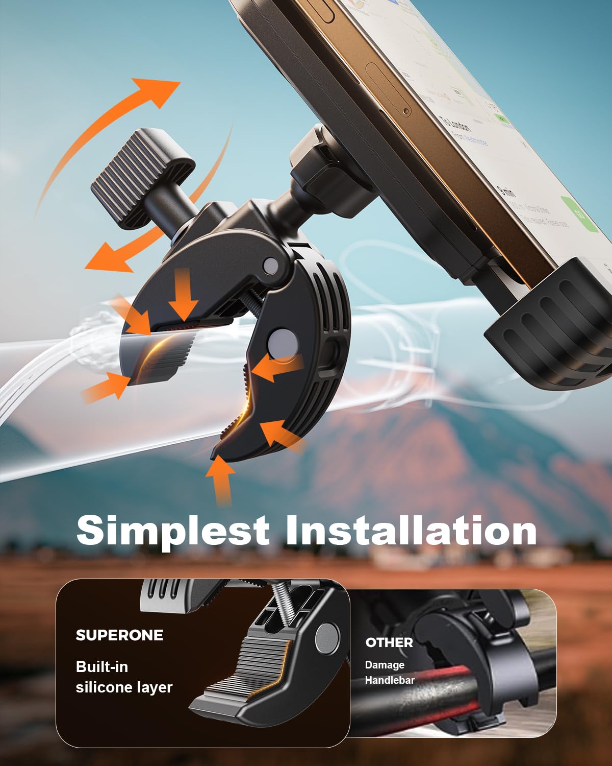 SUPERONE Bike Phone Holder, [1s Lock] Motorcycle Phone Mount, [Anti-Shake] Handlebar Cell Phone Clamp, Scooter Phone Clip for Handlebars with Diameters 0.65-1.2 in, Suitable for 4.7-7.2 in Phones