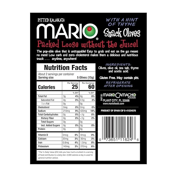 MARIO CAMACHO FOODS PITTED SNACK OLIVES, KALAMATA WITH A HINT OF THYME, 1.05 OUNCE