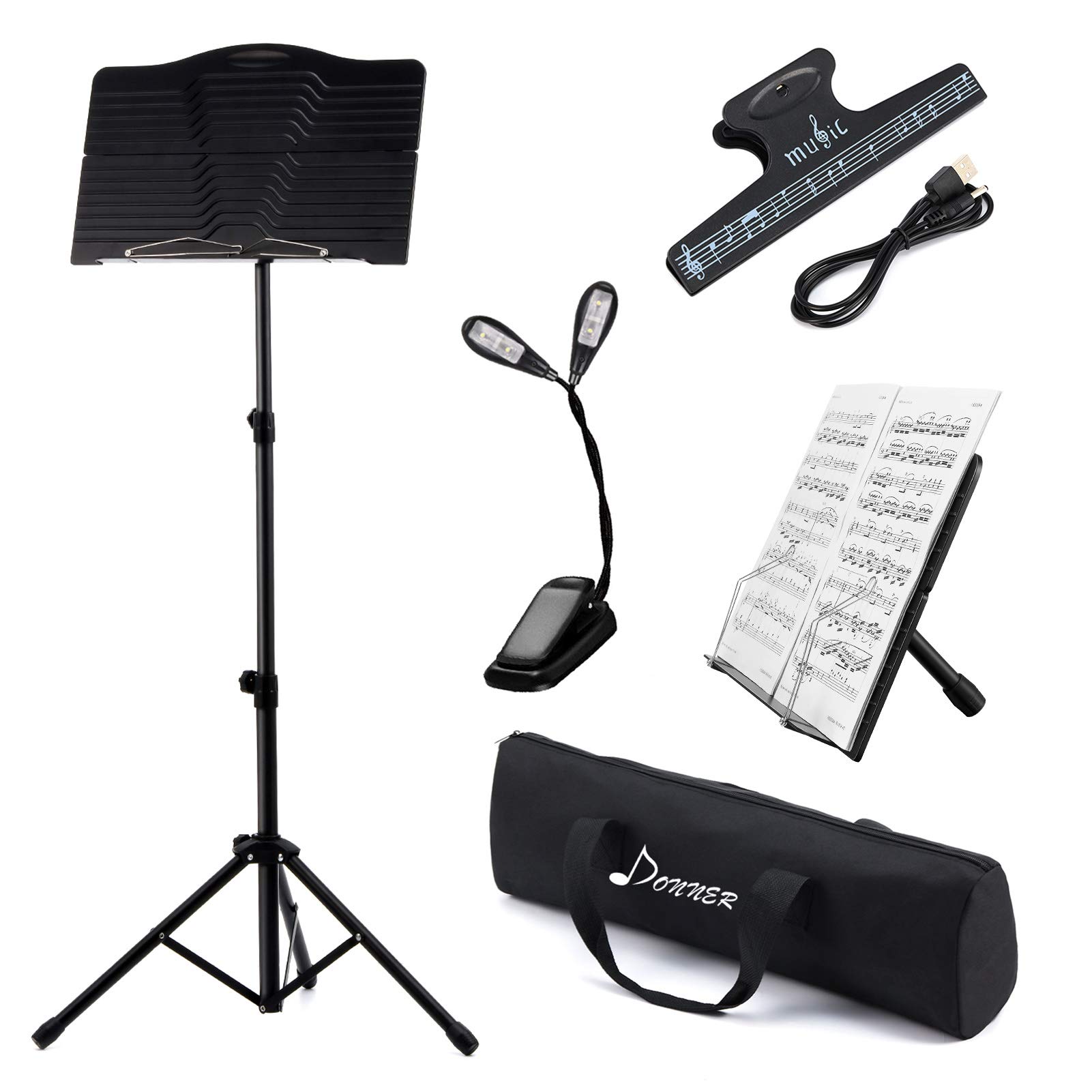 Donner Sheet Music Stand with Light, DMS-1 Portable Metal Ipad Music Stand, Tabletop Music Book Stand for Guitar, Ukulele, Violin Players