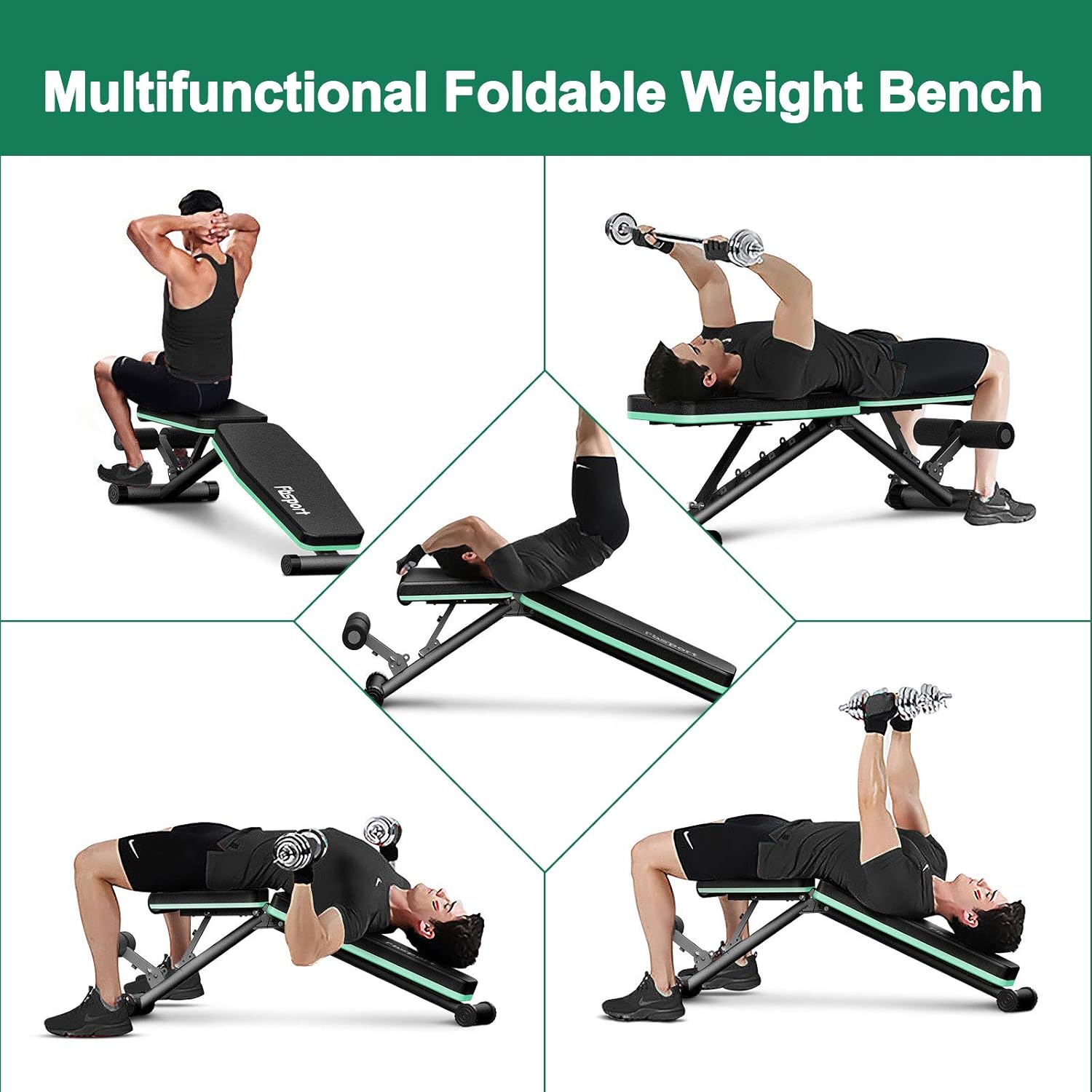 FBSPORT Weight Bench, Adjustable Strength Training Workout Bench, Bench Press for Home Gym Full Body Exercise, Incline Decline Weight Bench Foldable Workout Bench with Bands, Green : Sports & Outdoors