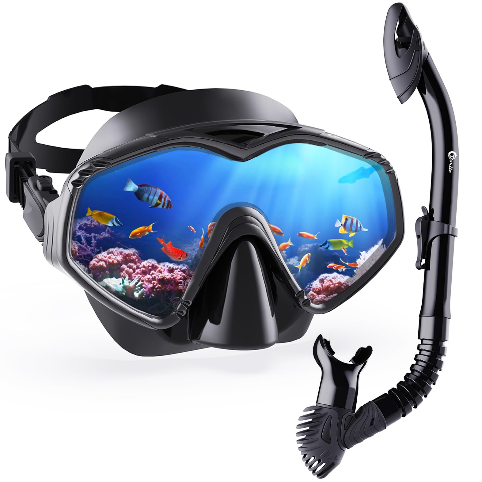 Dorlle Dry Snorkel Set Adults, Tempered Glass Snorkel Mask Anti-Fog Panoramic Wide View Mask and Anti-Leak Premium Dry Snorkel Tube for Youth and Adults