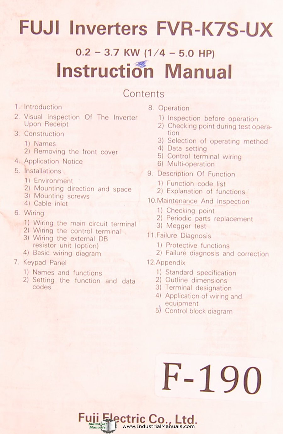 Fugi Inverters FVR-K7S-UX, Instruction Manual Spiral-bound – 2011