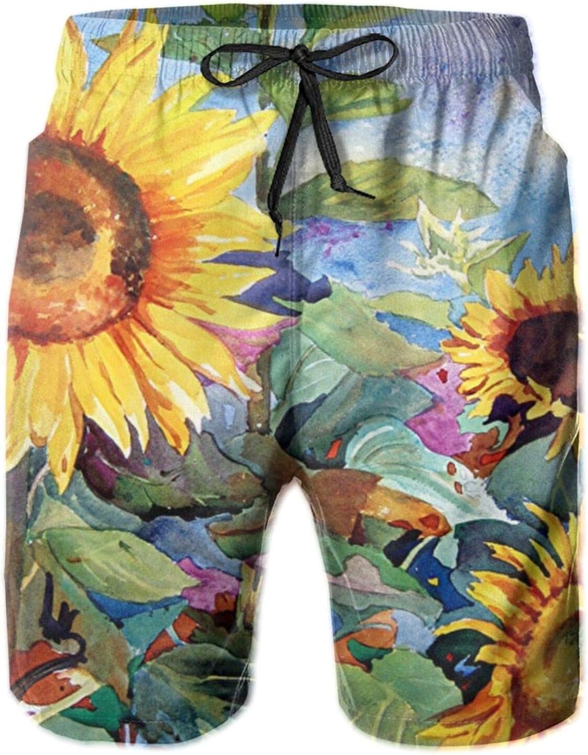 Yt92Pl00 Mens 100 Polyester Bright Color Sunflower Painting Swim