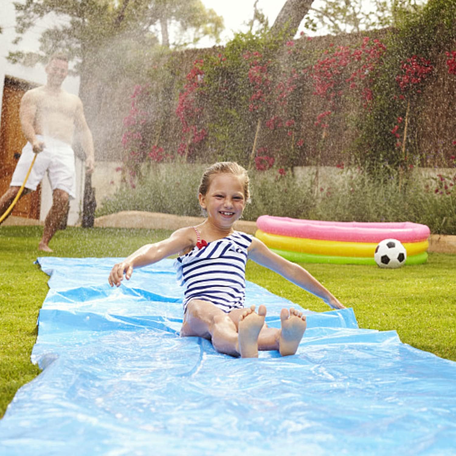 EPROSMIN Lawn Water Slides for Kids and Adults - 15.7 FT Giant Blow Up Slip and Slide with Sprinklers and Inflatable Crash Pad for Grass, Backyard, Water Games and Outdoor Toys with Family: Toys & Games