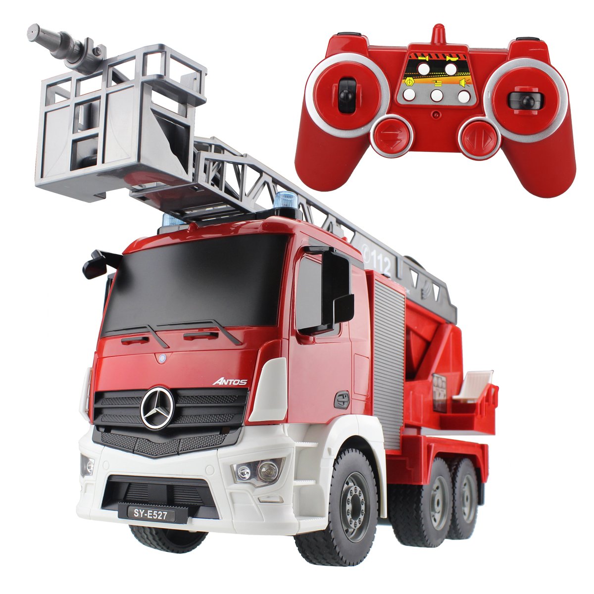 Hugine RC Fire Truck Authorized by Mercedes-Benz Antos 2.4G 9 Channel Kids Remote Control Aerial Ladder Fire Engine Truck with Lights and Sounds Toys
