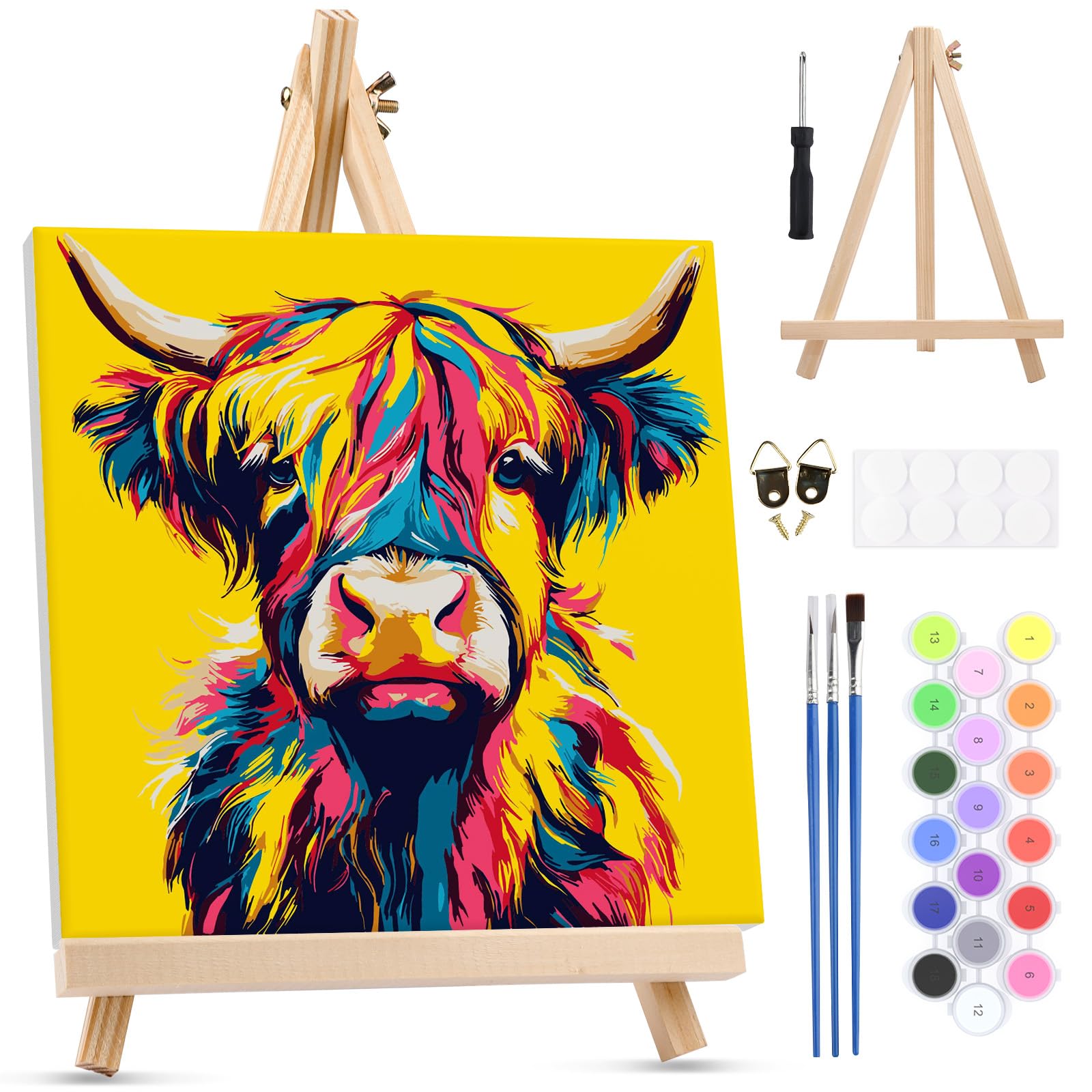 MXJSUA Highland Cow Framed Paint by Numbers for Adults Beginners, Easy Adults' Paint-by-Number Kits on Canvas with Easel, Acrylic Number Painting Crafts Gifts for Home Decor, 25x25cm — image 1