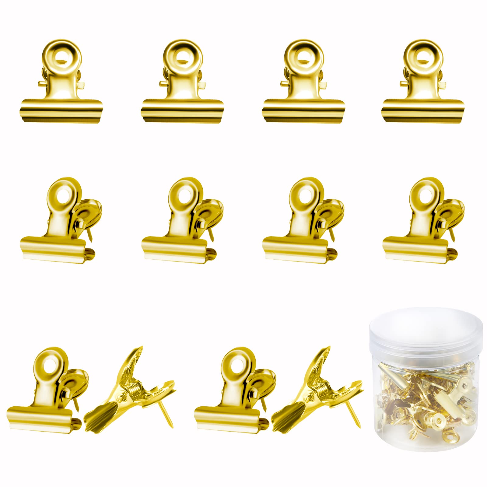 AIEX 30pcs Push Pin Clips, Metal Bulldog Clips Thumb Tacks for Cork Board Decoration Accessories School Office Supplies (Gold)