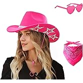 SHENYI Cowgirl Hat and Bandana and Heart Sunglasses Glitter Rhinestone Star Cowboy Hat Western Sparkly Hats for Women Men