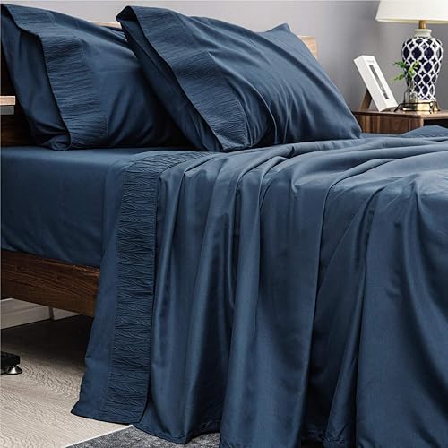 Bedsure Bed Sheet Set - Ruched Ruffled Embossed Bed Sheets - Soft Brushed Microfiber, Wrinkle Resistant Bedding Set - 1 Fitted Sheet, 1 Flat Sheet, 2 Pillowcases (Full, Navy)