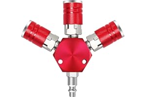 Ufixed Non Rust 3 Way Air Hose Splitter 1/4 NPT Coupler Red, Air Compressor Splitter Leak Proof Multi Port Air Manifold 1/4 NPT, Air Hose Accessories Quick Connecting Air Tool