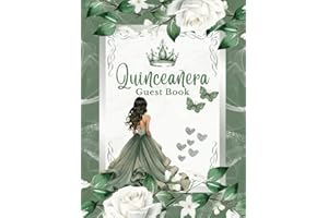 Quinceanera Guest Book Sage Green and Silver, Elegant White Floral Roses, with Tiara Quinceanera Crown and Doll Dress Gown Decorations: Butterfly ... Memory Keepsake Photo for 15th Birthday Party