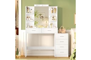TEENFON Vanity Desk with 6 Drawers, 6 Open Shelves, Makeup Vanity with Mirror and Lights, Dressing Table with 3 Lighting Colo