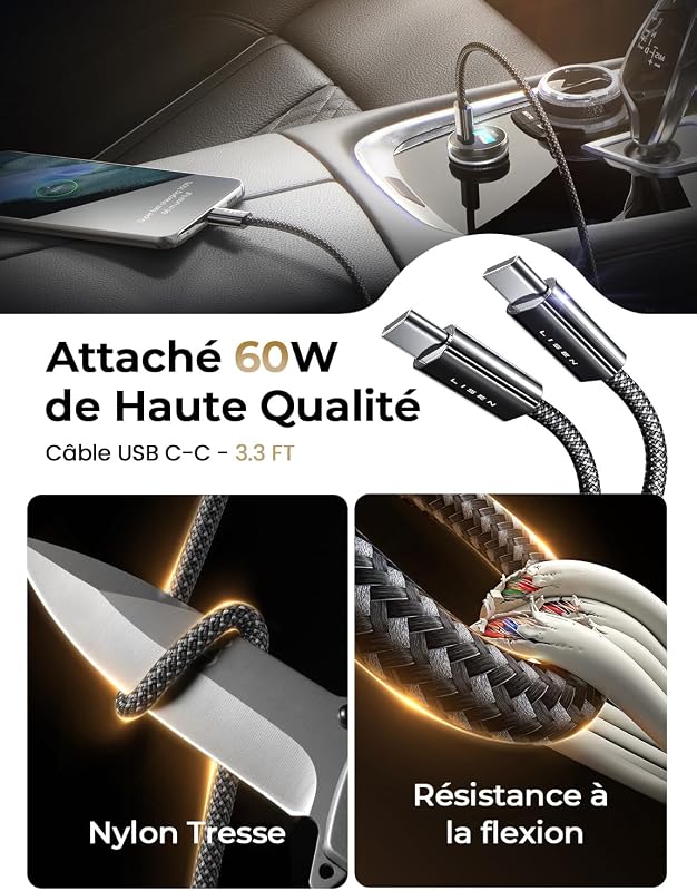 Chargeur Voiture USB C 54W+60W C-C Câble,Chargeur Allume Cigare USB C