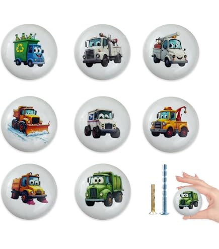 Lasyman 8-Pack Ceramic Construction Truck Cabinet Knobs – Cute Animal Theme – 1.93 Inch – 2 Screw Sizes – Perfect For Kids' Rooms & Nurseries