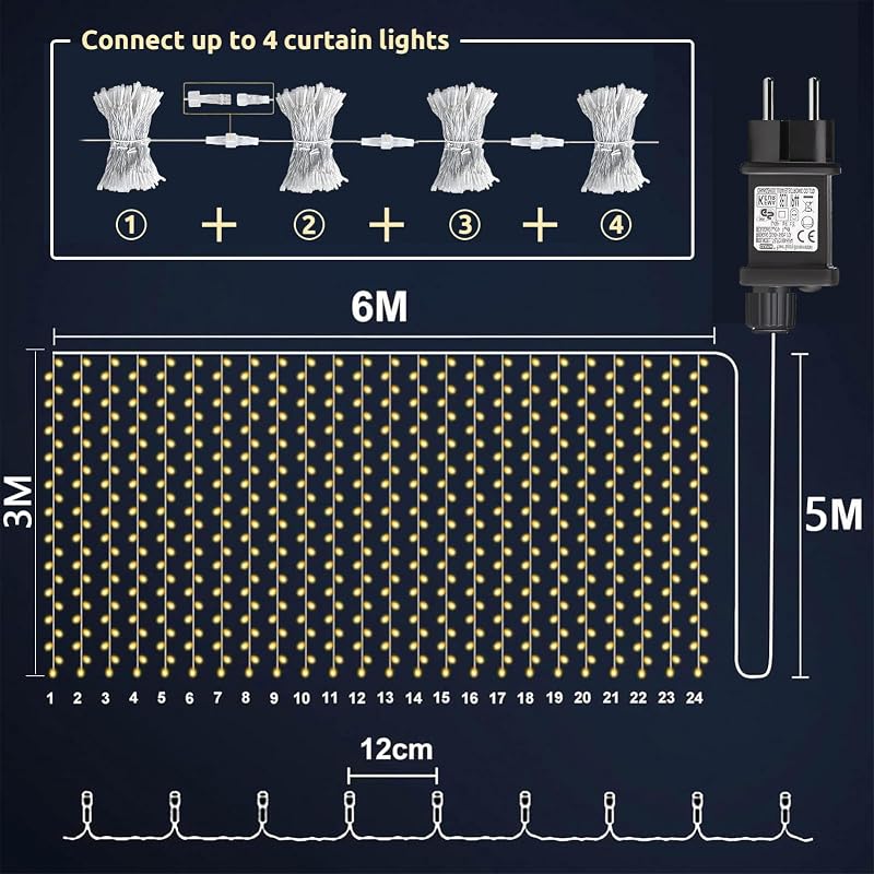 Cortina de luz com ficha, 6Mx3M 600LED Branco Quente — foto 8 de 8