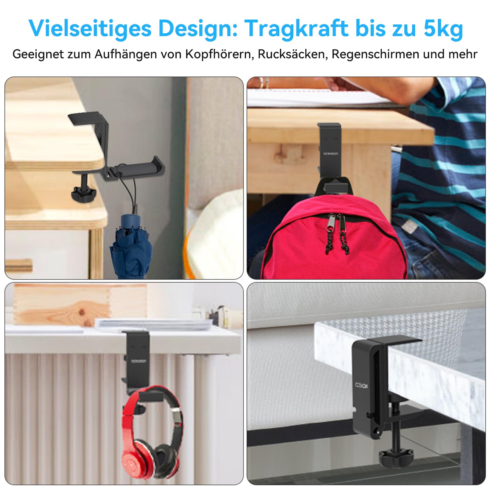 aceyoon Headset Halterung, Faltbar Headset Ständer Tisch Aluminium Kopfhörer Ständer mit Kabel-Organizer Headphone Haken für Gaming Headset (Schwarz) 6
