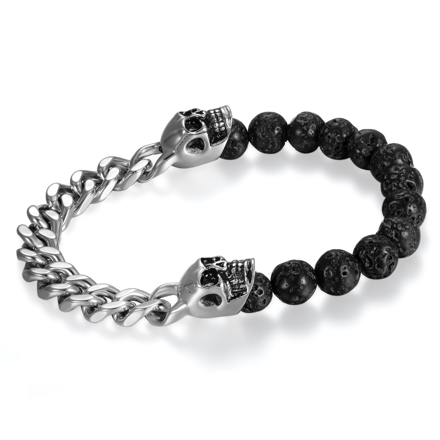 Cupimatch Stainless Steel Skull Bracelet Mens Skull Bracelet 8mm Buddha Black Beads Stretch Gothic Jewelry (Silver Chain) for Father's Day — image 1