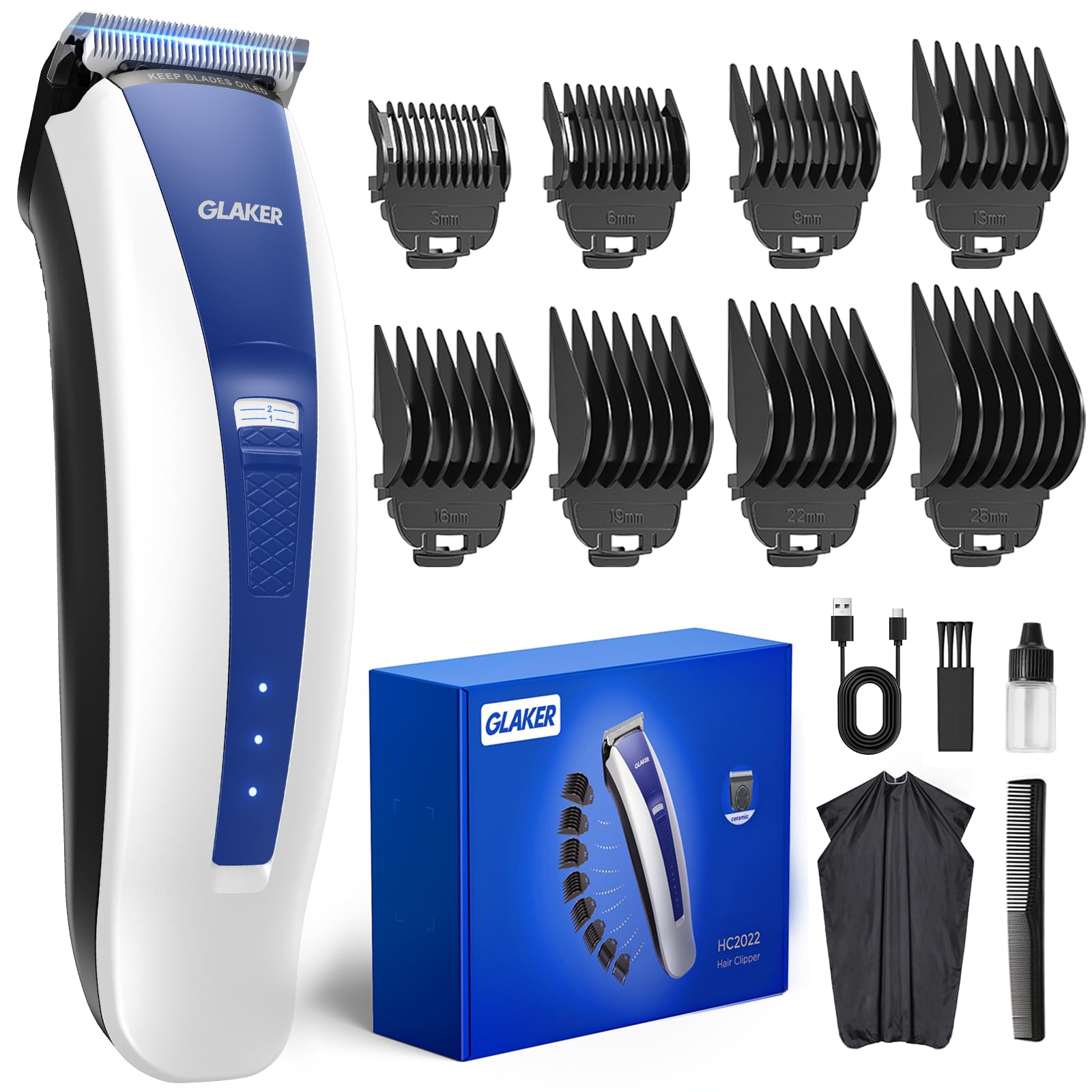 GLAKER Clippers for Hair Cutting - Cordless 2 in 1 Versatile Hair Trimmer with 8 Guards,Professional Barber Kit for Barbershop, Ideal Gift for Men