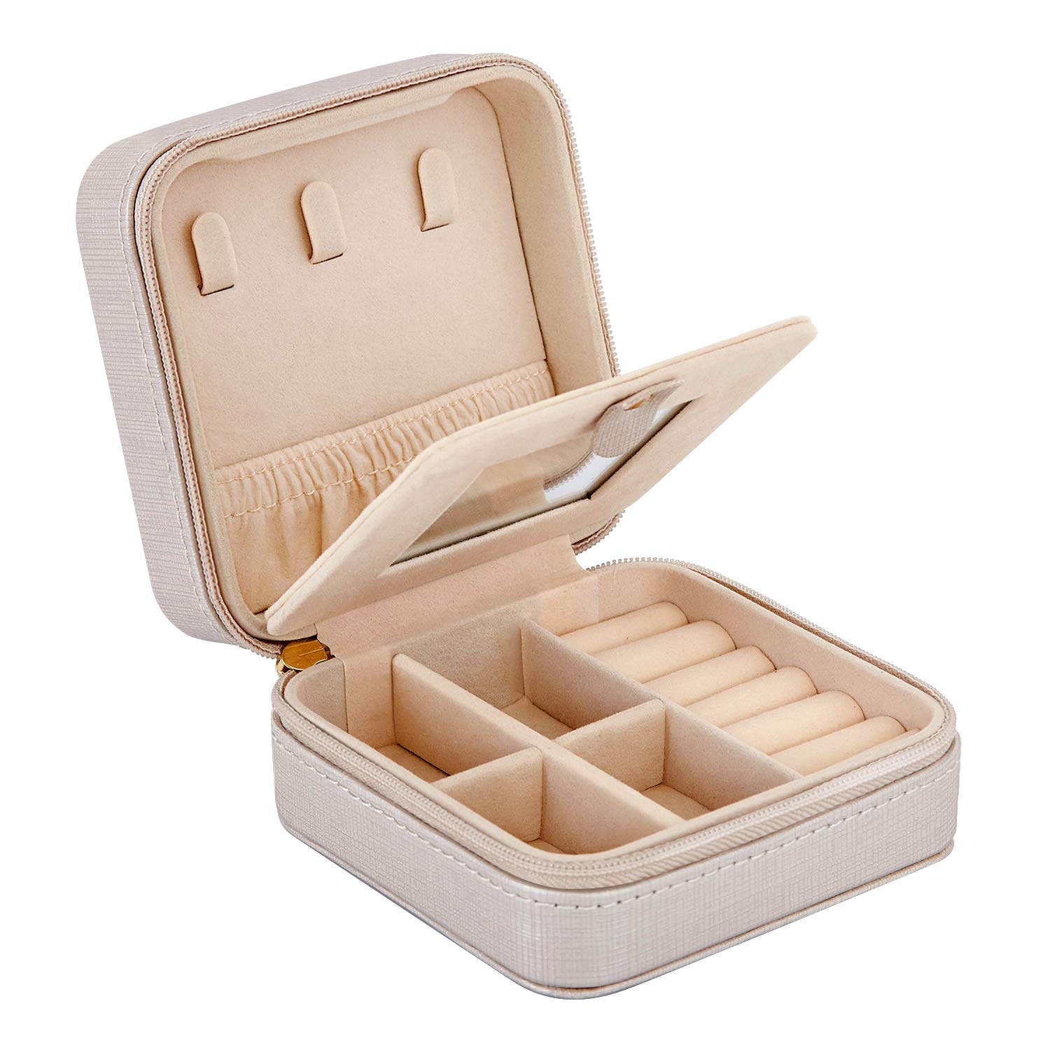 Meerveil Jewellery Box, Small Travel Jewelry Organiser Case PU Leather with Mirror, Portable Zip for Ring, Earring, Necklace, Gifts to Girls and Women, Champagne