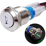 Twidec/16MM Raised Speaker Horn Momentary Push Button Switch 5/8" Mounting Hole 12V Green Led Light Silver Stainless Steel Sh