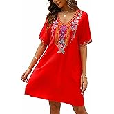 Grosy Women's Embroidered Mexican Peasant Dresses, Plus Size Fiesta Boho Dress for Women, Traditional Floral Bohemian Tunic