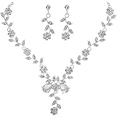 Kamirola Women's Wedding Jewelry Leaf Cluster Flower Crystal Dangle Earrings Pendant Necklace Set for BridalCrystal Bridal Jewelry Set