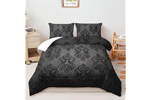 AILONEN Black Damask Bedding Set,Antique Baroque Down Comforter Queen,Gothic Vintage Floral Duvet + 2 Pillowcases,Boho Exotic Grey Bedroom Decor for Adults