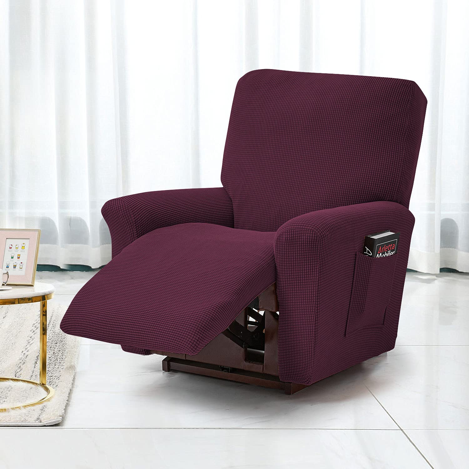 Topchances Stretch Recliner Covers, Jacquard Recliner Chair Slipcovers, Polyester Furniture Cover Recliner Sofa Couch Cover With Pocket for Living Room Sofa Cover (Wine red)