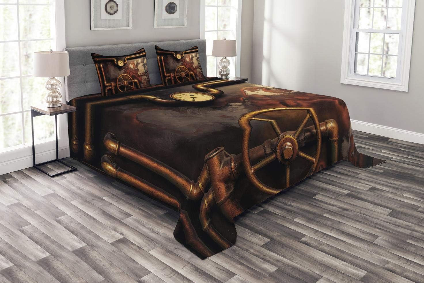Ambesonne Industrial Bedspread, Steam Pipes and Pressure Gauger Vintage Style Damaged Timeworn Engine, Decorative Quilted 3 Piece Coverlet Set with 2 Pillow Shams, Queen Size, Orange Bronze