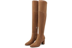 Adrizzlein Women's Over the Knee Boots Suede Thigh High Boots Chunky Block Heel Pointed Toe Stretch Wide Calf Long Slouch Fall Winter Dress Boots