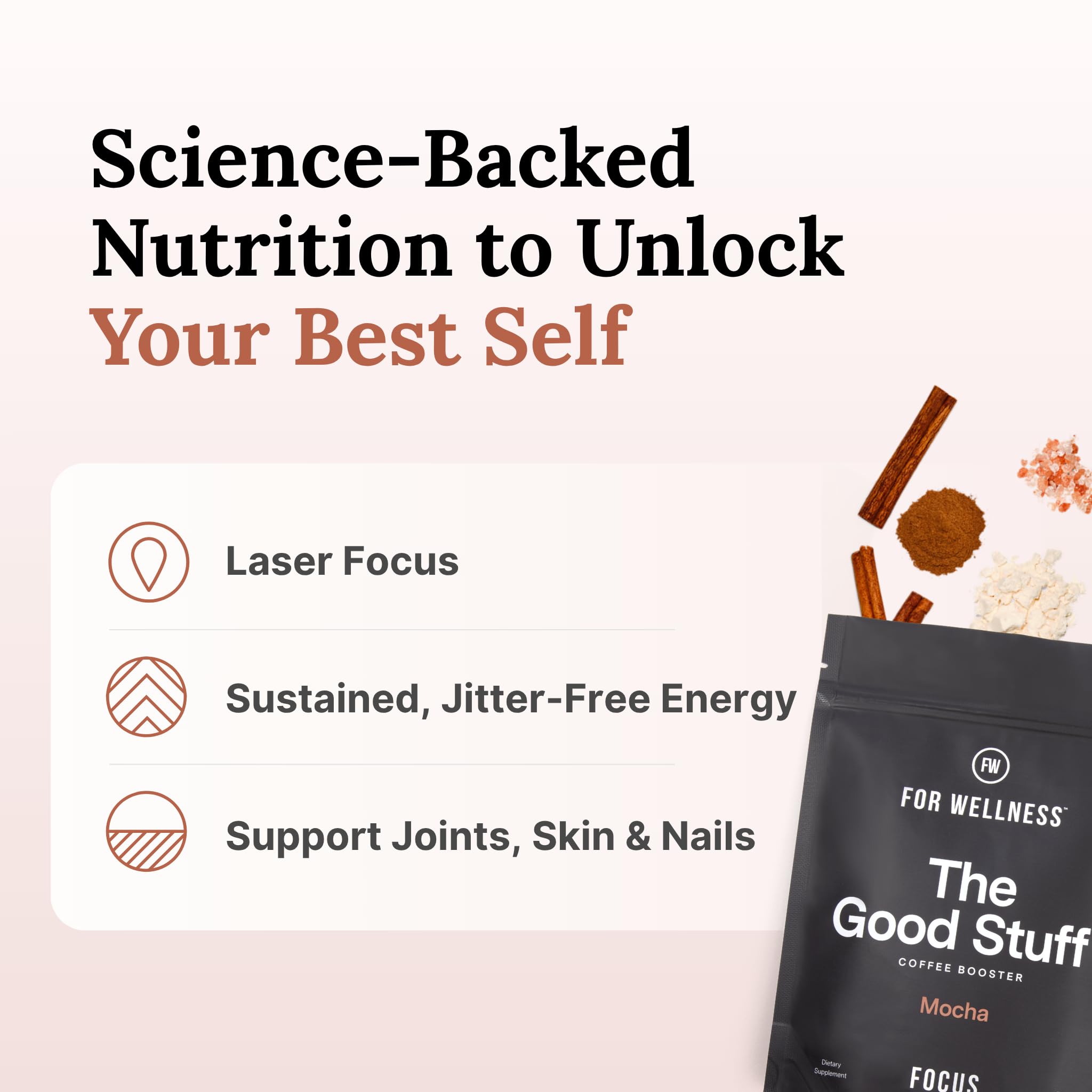 For Wellness The Good Stuff Focus – Mocha Coffee Booster | Nootropic Collagen Creamer with MCTs for Focus, Energy & Wellness | Non-Dairy, Keto-Friendly, 30 Servings