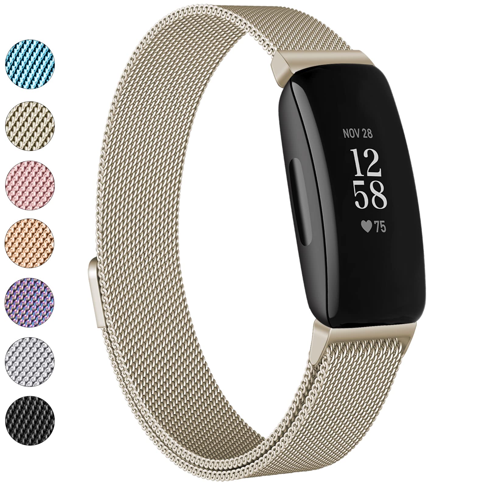 Photo 1 of Vanjua for Fitbit Inspire 2 Bands Women Men, Stainless Steel Metal Mesh Loop Adjustable Magnetic Wristband Replacement Strap for Fitbit Inspire 2 Fitness Tracker (Small, Champagne Gold)