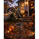 NUENUN Solar Halloween Black Cat Pumpkin Moon Garden Stake Light | Outdoor Waterproof Black Cat on Crescent Moon with Hanging Pumpkin Lantern, Patio Lawn Pathway Halloween Yard Decor