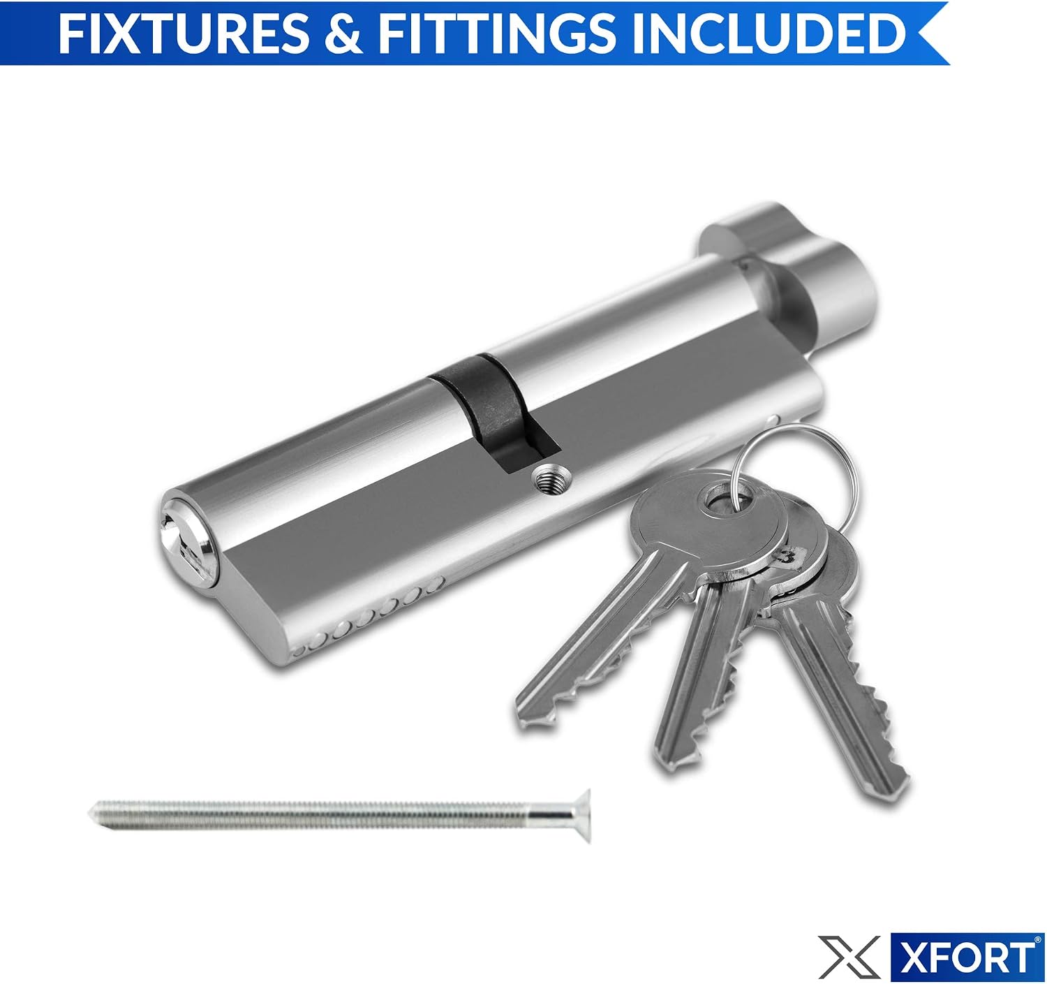 XFORT Chrome 50/50T Thumb Turn Euro Cylinder Lock (100mm), UPVC Door Lock, 6 Pin Cylinder Lock with Key and Thumbturn - Image 3