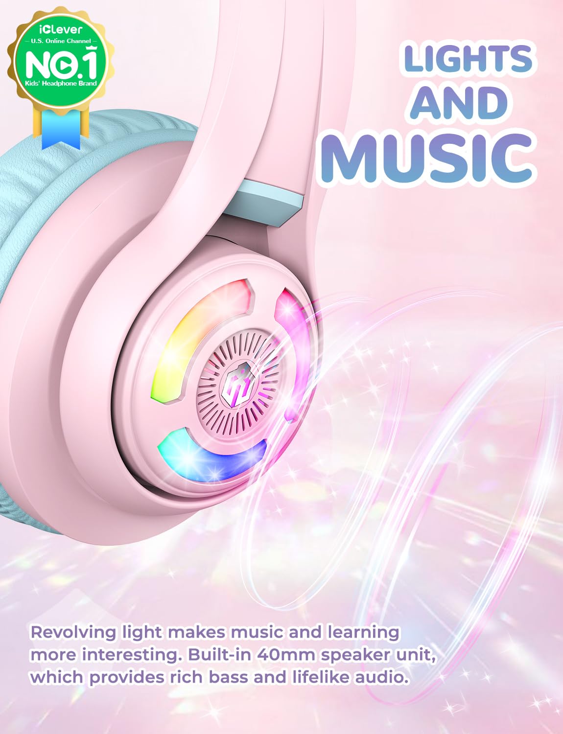 iClever Cat Ear Kids Bluetooth Headphones, LED Lights Up, 74/85dBA Safe Volume Limited, 50H Playtime,Bluetooth 5.2, USB C, Kids Headphones Wireless for Travel iPad Tablet, Meow Macaron Pink